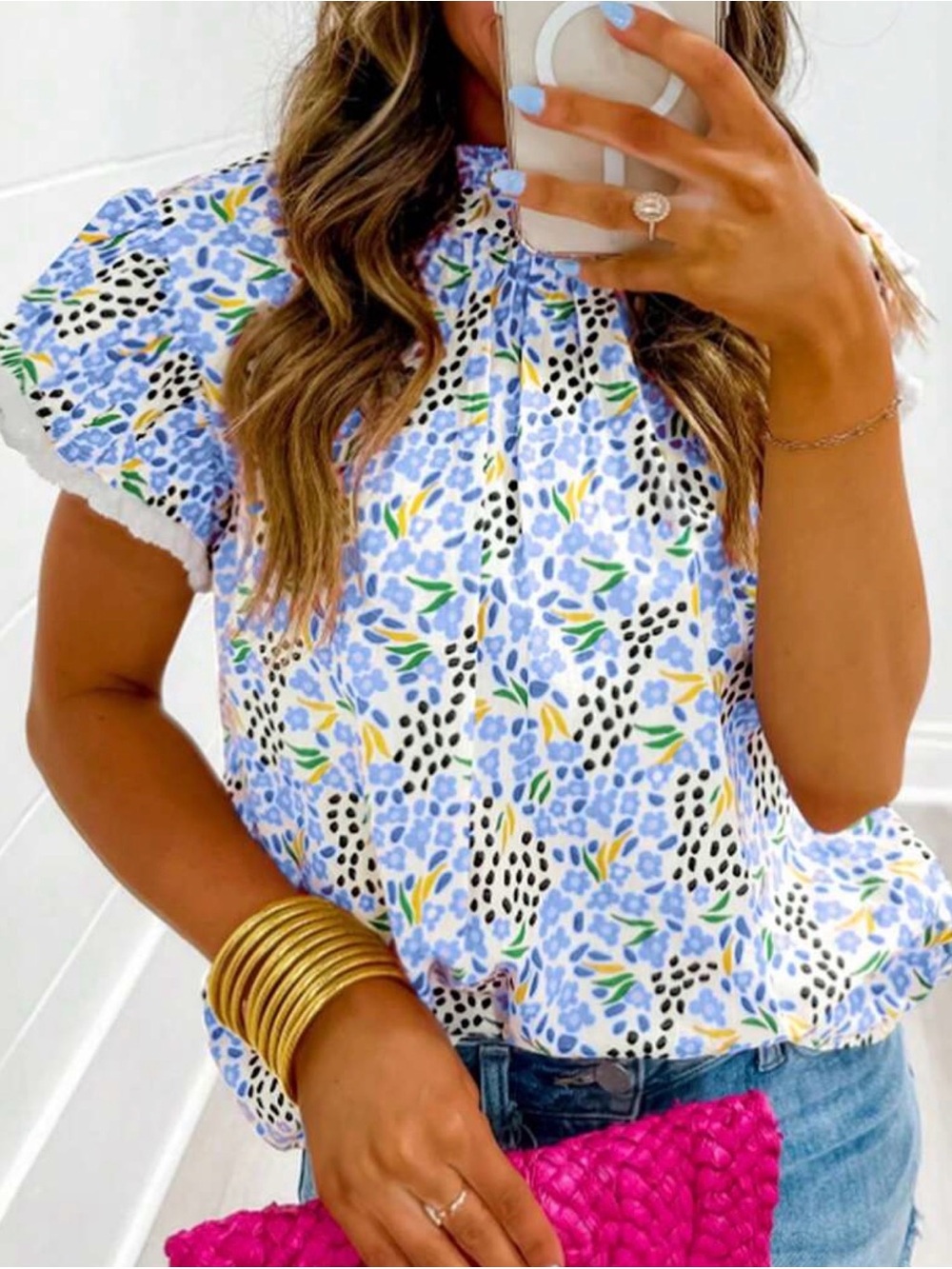 Floral Smocked Neck Short Sleeve Blouse - Blue Multi